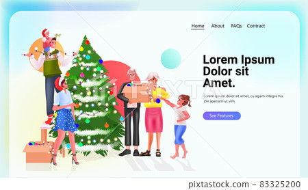 multi generation family in santa hats decorating christmas tree happy new year merry christmas holidays celebration 83325200