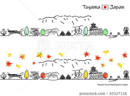 秋季富山縣觀光景點街景簡易線描圖 83327116