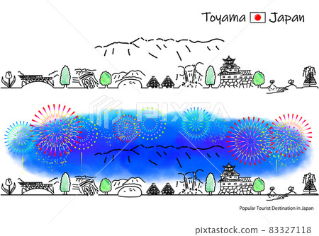 煙花與富山縣觀光景點街景的簡單線描 煙花與富山縣觀光景點街景的簡單線描 83327118