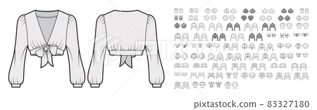 Set of cropped blouses, tops, shirts, tanks technical fashion illustration with fitted oversized body, scoop neck, short Set of cropped blouses, tops, shirts, tanks technical fashion illustration with fitted oversized body, scoop neck, short 83327180