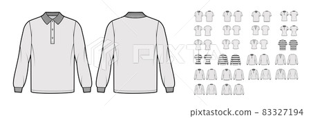 Set of Polo Shirts technical fashion illustration with long short sleeves, tunic length, henley neck, oversized fitted 83327194