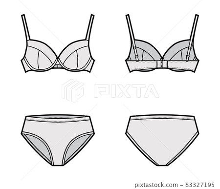Set of lingerie - bra full cup and high-cup briefs panties technical fashion illustration with adjustable straps. Flat 83327195