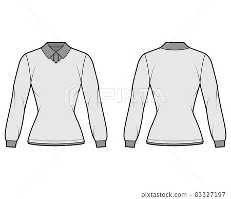 Shirt double collar technical fashion illustration with long sleeves, tunic length, fitted body, flat classic collar 83327197