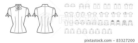 Set of blouses key-hole back closure tops, shirts, technical fashion illustration with fitted oversized body, short Set of blouses key-hole back closure tops, shirts, technical fashion illustration with fitted oversized body, short 83327200