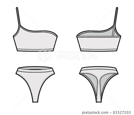 Set of lingerie - One shoulder bra and high waist Thongs panties technical fashion illustration. Flat brassiere knickers Set of lingerie - One shoulder bra and high waist Thongs panties technical fashion illustration. Flat brassiere knickers 83327203