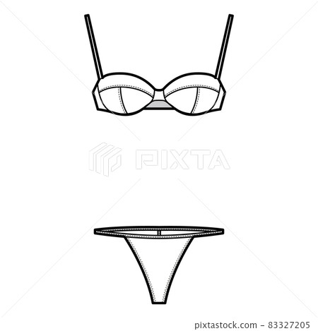 Set of lingerie - balconette bra and T-back string panties technical fashion illustration with hook-and-eye closure Set of lingerie - balconette bra and T-back string panties technical fashion illustration with hook-and-eye closure 83327205
