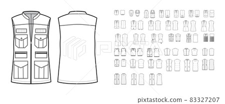 Set of vests waistcoat technical fashion illustration with sleeveless, pockets, fitted oversized body. Flat casual top Set of vests waistcoat technical fashion illustration with sleeveless, pockets, fitted oversized body. Flat casual top 83327207