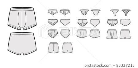 Set of mens briefs underwear technical fashion illustration with elastic waistband, Athletic-style skin-tight. Trunk 83327213
