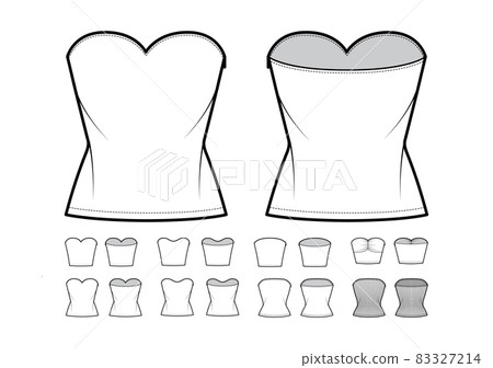 Set of strapless tops technical fashion illustration with fitted body, tube, sweetheart, scoop neckline. Flat swimwear 83327214