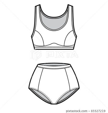 Set of lingerie - sport bra and panties technical fashion illustration with normal waist, rise. Flat brassiere template Set of lingerie - sport bra and panties technical fashion illustration with normal waist, rise. Flat brassiere template 83327219