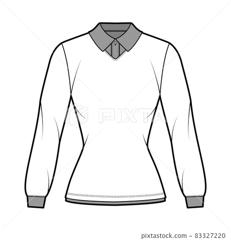 Shirt double collar technical fashion illustration with long sleeves, tunic length, fitted body, flat classic collar 83327220