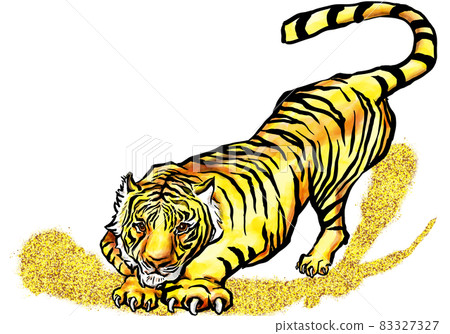 Tora jumped for prey (ink painting color, with gold leaf) Tora jumped for prey (ink painting color, with gold leaf) 83327327