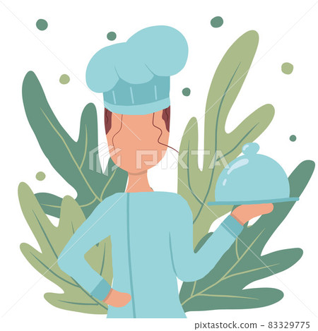 Vector hand drawn illustration of a girl chef. The girl chef holds a ready-made dish in her hand. The illustration is suitable for advertising banners. 83329775