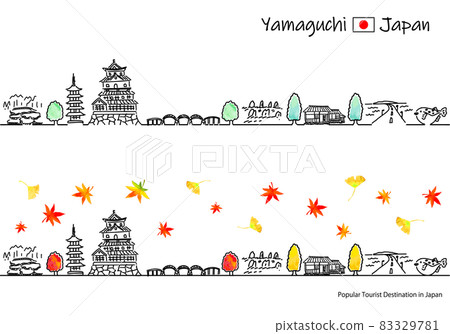 Simple line drawing set of cityscape of sightseeing spots in Yamaguchi prefecture in autumn 83329781