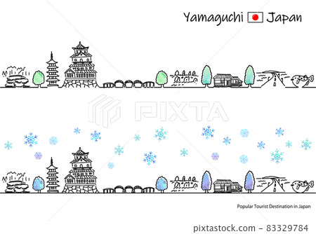 Simple line drawing set of cityscape of sightseeing spots in Yamaguchi prefecture in winter Simple line drawing set of cityscape of sightseeing spots in Yamaguchi prefecture in winter 83329784
