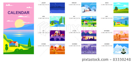 Calendar landscape natural backgrounds of four seasons. Set 12 minimalistic cartoon flat design seasons background Calendar landscape natural backgrounds of four seasons. Set 12 minimalistic cartoon flat design seasons background 83330248
