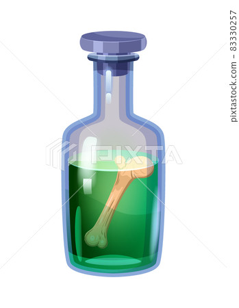 Bottle magic potion with bone. Game icon asset, glass, liquid elixir, poisine, flask, Vector illustration cartoon for game, app UI Bottle magic potion with bone. Game icon asset, glass, liquid elixir, poisine, flask, Vector illustration cartoon for game, app UI 83330257