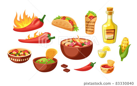 Traditional Mexican cuisine food set. National Mexico dish with meat, hot peppers with burn flame, spices, tacos, tequila. Gourmet fresh serving meal, icons carnival Cinco de mayo Traditional Mexican cuisine food set. National Mexico dish with meat, hot peppers with burn flame, spices, tacos, tequila. Gourmet fresh serving meal, icons carnival Cinco de mayo 83330840
