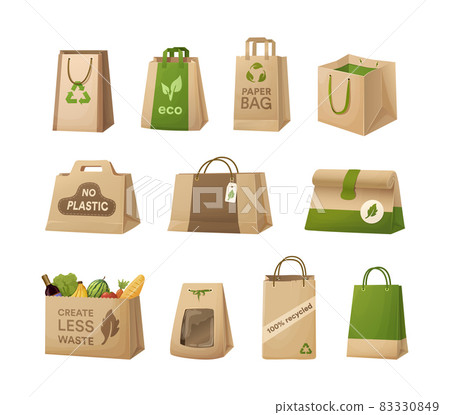 Set recycling paper bags. Cardboard for carrying with eco friendly logo. Disposable package with handle for purchase or delivery. Organic ecological boxes and packaging 83330849