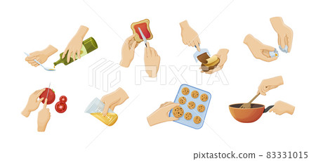 Human hands preparing food. Cooking utensils with soup, eggs, meat, bake cookies, peel potatoes, pour oil and juice, cutting vegetables. Culinary accessories and appliances 83331015