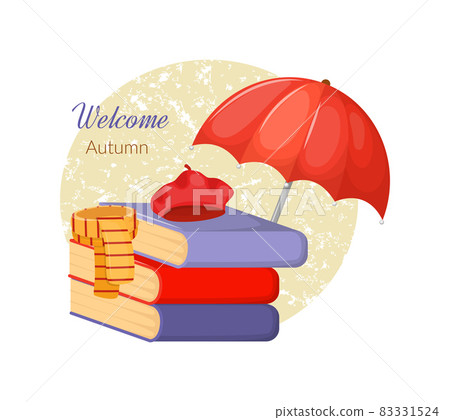 Umbrella with books, hat and scarf on a light background. Umbrella with books, hat and scarf on a light background. 83331524