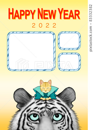 2022年老虎新年賀卡豎位貓招呼相框白虎英文 2022年老虎新年賀卡豎位貓招呼相框白虎英文 83332382