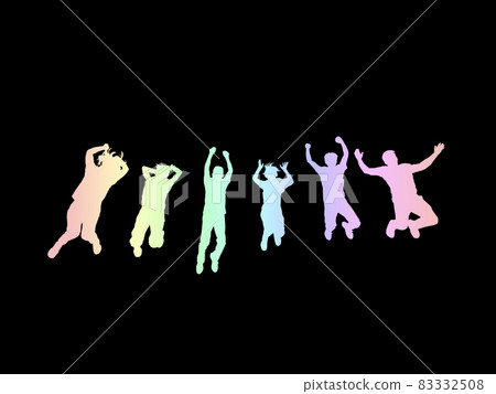 Rainbow silhouette of 6 men and women jumping_black background 83332508