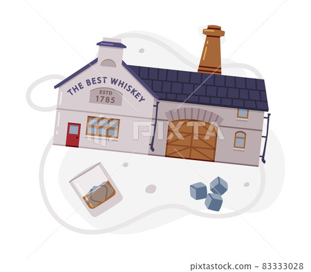 Whiskey House and Drink Poured in Glass with Ice Vector Composition 83333028