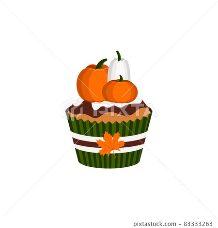 Cupcake with pumpkins chocolate icing and maple leaf holder decoration dessert. 83333263
