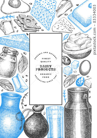 Farm food design template. Hand drawn vector dairy illustration. Engraved style different milk products and eggs banner. Retro food background. Farm food design template. Hand drawn vector dairy illustration. Engraved style different milk products and eggs banner. Retro food background. 83334003