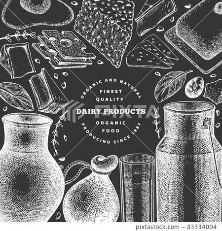 Farm food design template. Hand drawn vector dairy illustration on chalk board. Engraved style different milk products and eggs banner. Retro food background. Farm food design template. Hand drawn vector dairy illustration on chalk board. Engraved style different milk products and eggs banner. Retro food background. 83334004