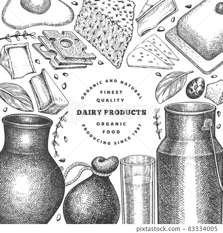 Farm food design template. Hand drawn vector dairy illustration. Engraved style different milk products and eggs banner. Retro food background. Farm food design template. Hand drawn vector dairy illustration. Engraved style different milk products and eggs banner. Retro food background. 83334005