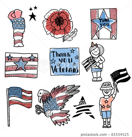 Veterans Day vector hand drawn set. Veterans Day vector hand drawn set. 83334525