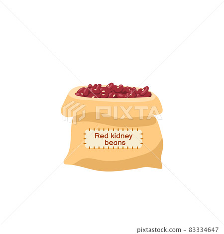 Untied fabric sack with red kidney beans, flat vector illustration isolated. 83334647