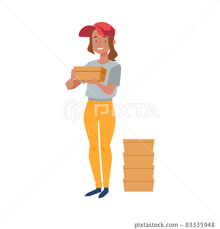 Woman courier of delivery service with boxes, flat vector illustration isolated. 83335948