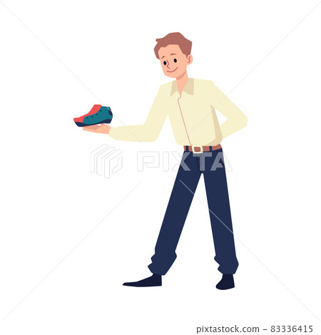 Salesman in shoe store offers sneakers for fitting - flat vector illustration isolated on white background. Salesman in shoe store offers sneakers for fitting - flat vector illustration isolated on white background. 83336415