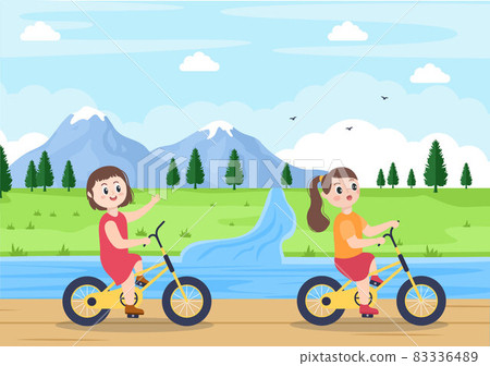 Bicycle Vector Flat Illustration. People Riding Bikes, Sports and outdoor recreational activities on Park Road or Highway are living a healthy lifestyle 83336489