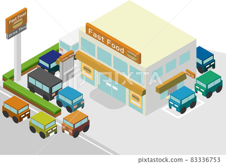 A fast food restaurant with heavy traffic jams with isometric drive-throughs 83336753