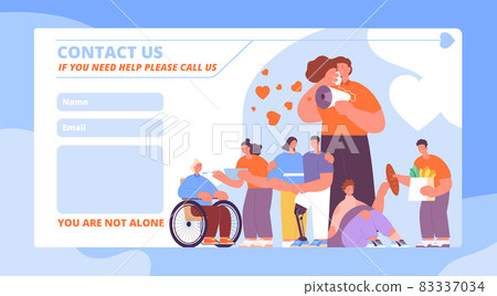Volunteering help. Volunteers helping, online social service for grandmother. Support seniors and people, contact us utter vector web page Volunteering help. Volunteers helping, online social service for grandmother. Support seniors and people, contact us utter vector web page 83337034