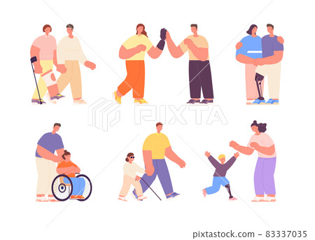 Friends and friendly person, family relationships people. Smile girl in wheelchair, inclusive lifestyle vector utter set Friends and friendly person, family relationships people. Smile girl in wheelchair, inclusive lifestyle vector utter set 83337035