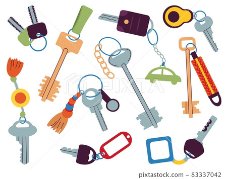 Different key collection. Keys on keychain, elements for opening apartments, cars, diverse padlocks. Property or home accessories, decent vector set 83337042