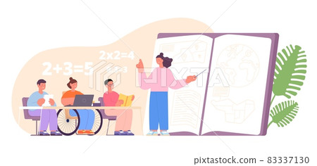 Inclusive study. Education child, school equality for children. with friends, inclusion class. Different students and teacher utter vector concept 83337130