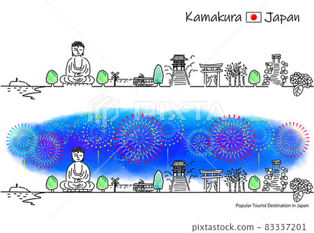 煙花與鎌倉觀光景點街景的簡單線描 煙花與鎌倉觀光景點街景的簡單線描 83337201