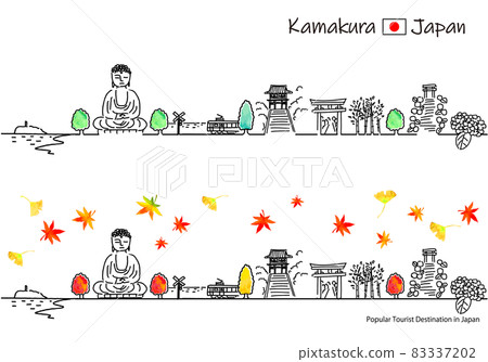 Simple line drawing set of the cityscape of the tourist spot in Kamakura in autumn 83337202