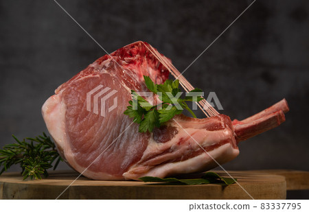 Pork ribs, Pork ribs with raw bone, Entrecote, Fresh and raw meats. Organic food, Meat with spices Pork ribs, Pork ribs with raw bone, Entrecote, Fresh and raw meats. Organic food, Meat with spices 83337795