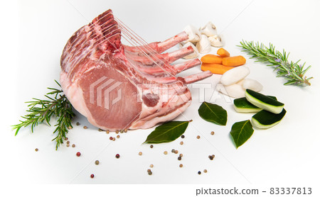 Pork ribs, Pork ribs with raw bone, Entrecote, Fresh and raw meats. Organic food, Meat with spices 83337813