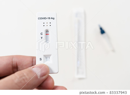 hand with Coronavirus(Covid-19) negative test result with SARS-CoV-2 Antigen Rapid Test kits for Self testing 83337943