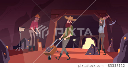 Diggers in tunnel. Golden miners find minerals and making deep tunnel active workers in action poses exact vector cartoon background Diggers in tunnel. Golden miners find minerals and making deep tunnel active workers in action poses exact vector cartoon background 83338112