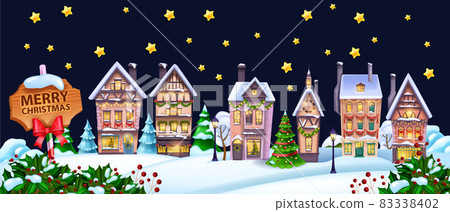 Winter house background, Christmas holiday vector landscape, x-mas season decorated town, pine tree Winter house background, Christmas holiday vector landscape, x-mas season decorated town, pine tree 83338402