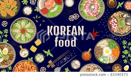 Korean dinner background. Closeup traditional asian meal, top view barbecue food. Buffet korea dish, oriental cuisine swanky vector poster 83340373